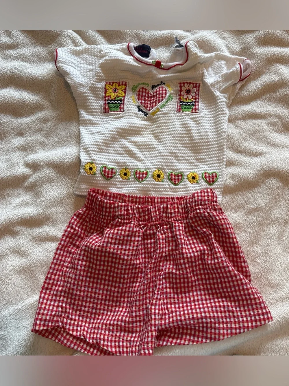 Vintage 90s Kids Headquarters 3T Girls Short Set Gingham Red Flowers
